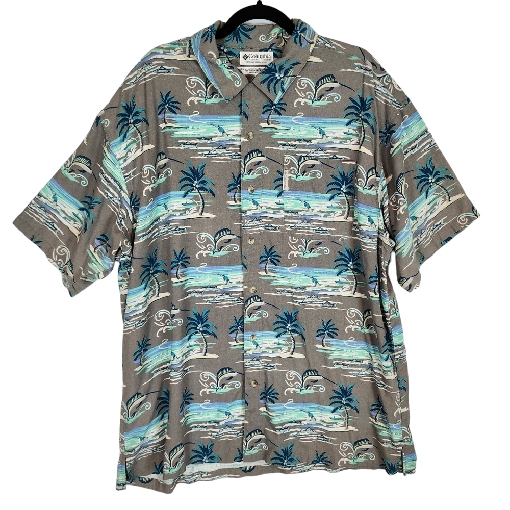 Columbia Men's Flax Linen‎ Blend Tropical Marlin Fisherman Print Shirt sz XL